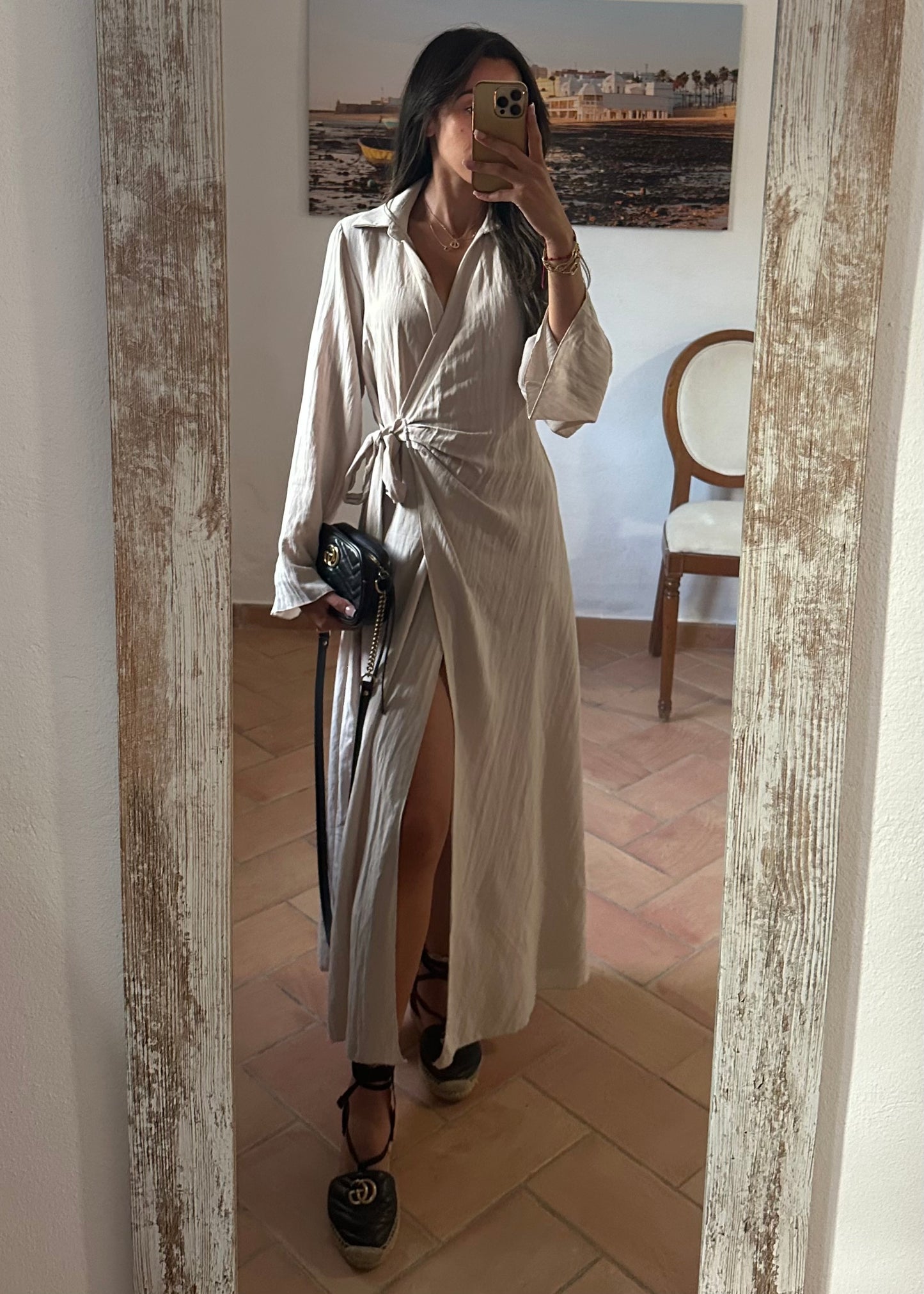 Vestido largo efecto lino