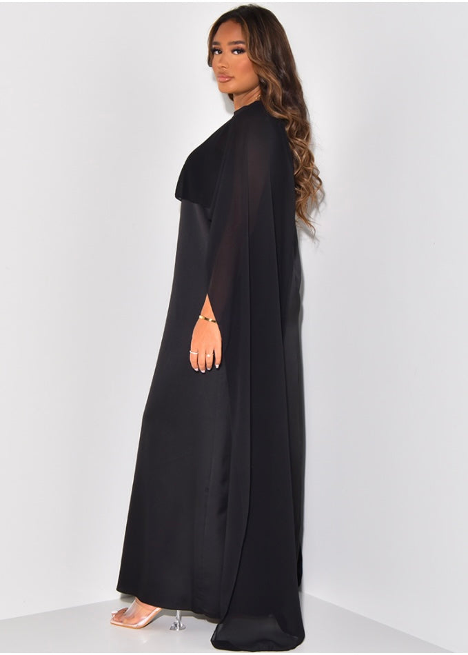 Vestido Largo Elegante de Satén con Chal Incorporado