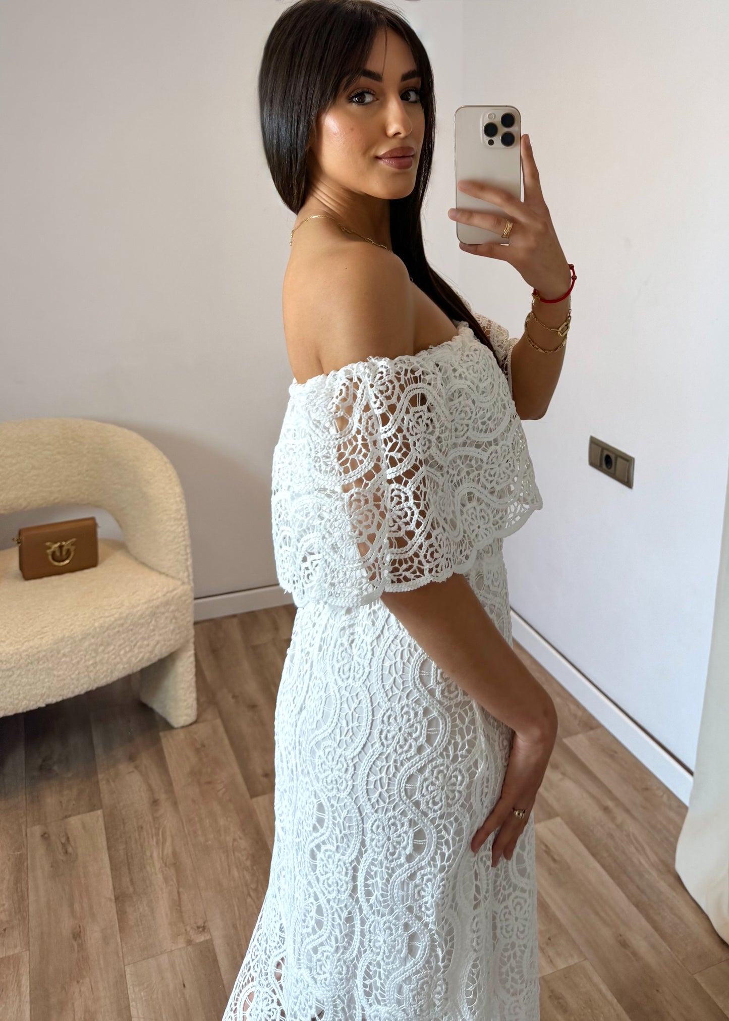 Vestido Largo Croché Palabra de Honor – Blanco