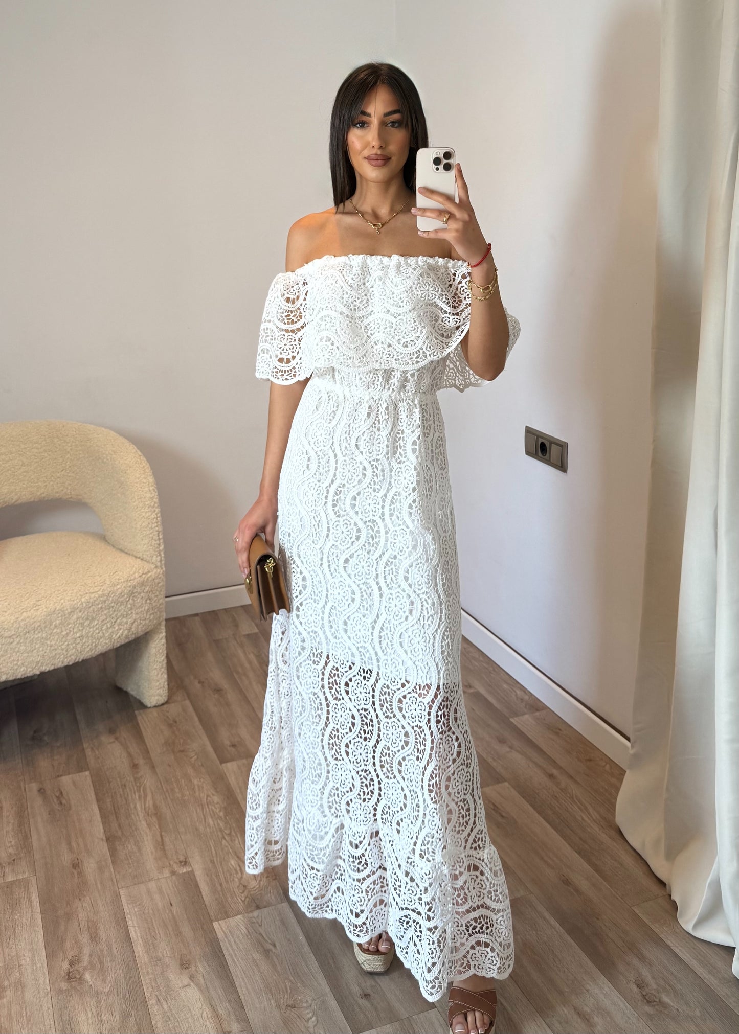 Vestido Largo Croché Palabra de Honor – Blanco