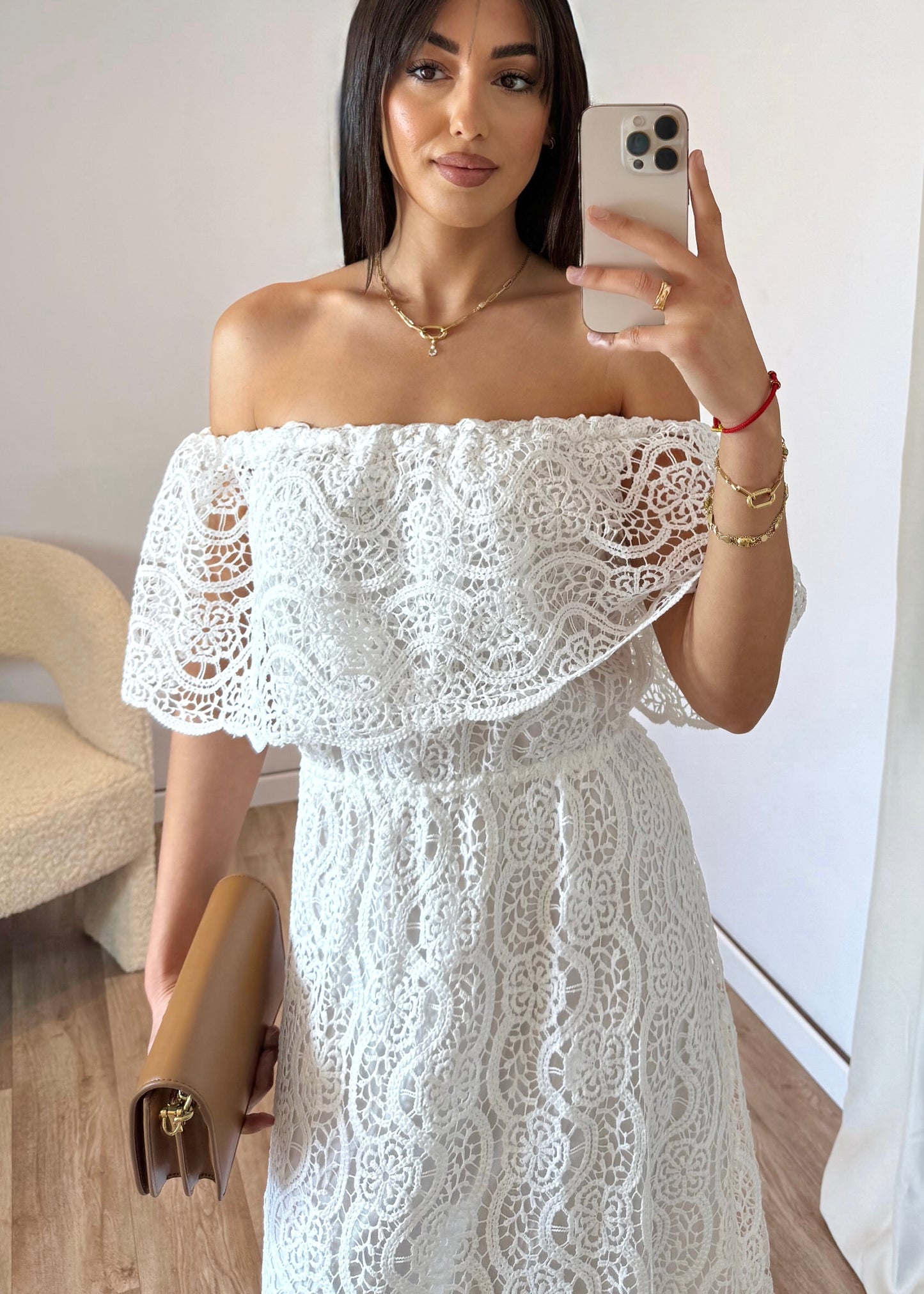 Vestido Largo Croché Palabra de Honor – Blanco