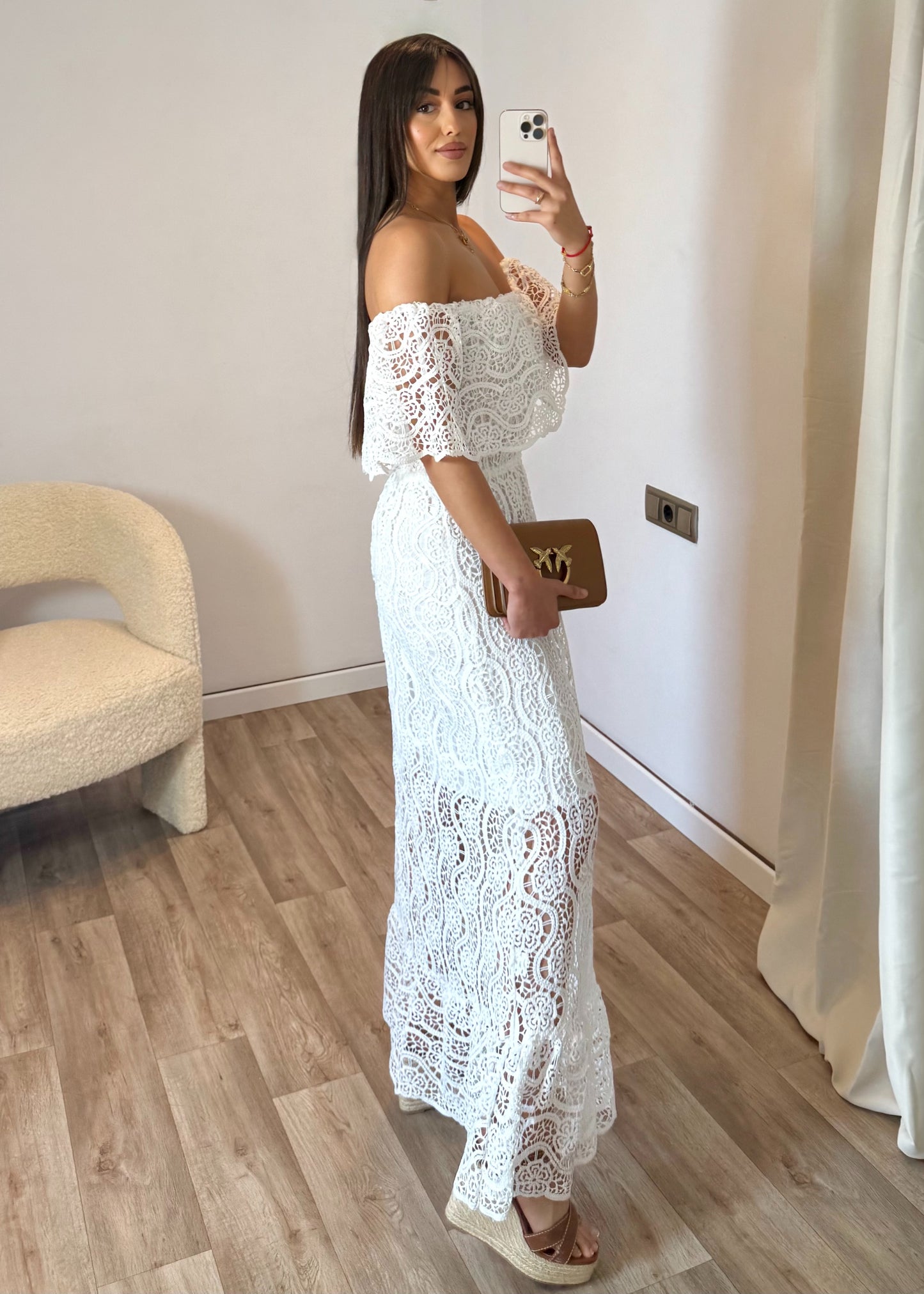 Vestido Largo Croché Palabra de Honor – Blanco