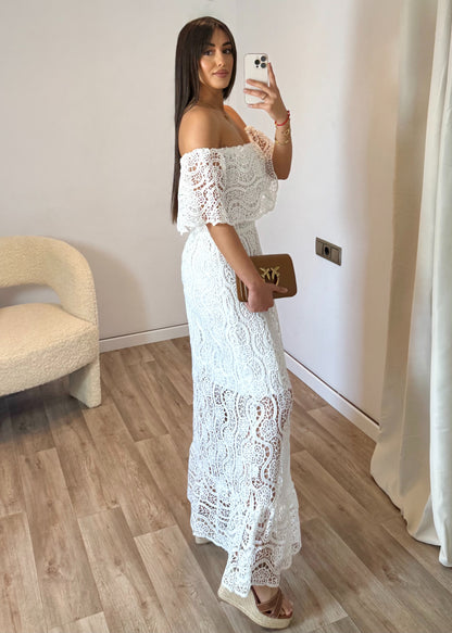 Vestido Largo Croché Palabra de Honor – Blanco