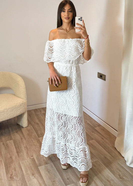 Vestido Largo Croché Palabra de Honor – Blanco